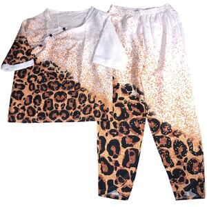 2 Piece Animal Print Outfits Half Sleeve Loose Printed Tops and Pants Sweatsuit